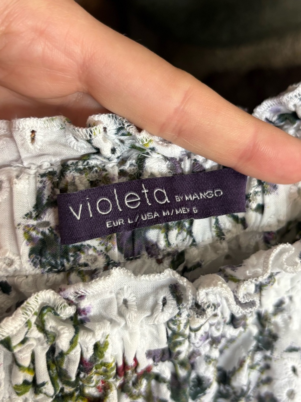 Violeta by Mango Floral Eyelet Off Shoulder Blouse White Purple M - Picture 4 of 8